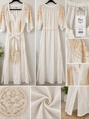 Women's White Embroidered Tie-Waist Dress